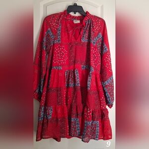 Turquoise Haven Flutter Long Sleeve Midi Dress Sz S Patch Print Western Rodeo